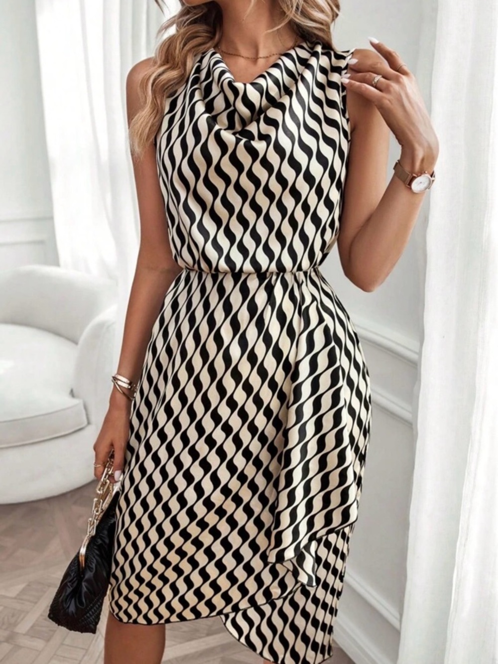 SHEIN Black & Cream Wave-Print Cowl Neck Midi Dress